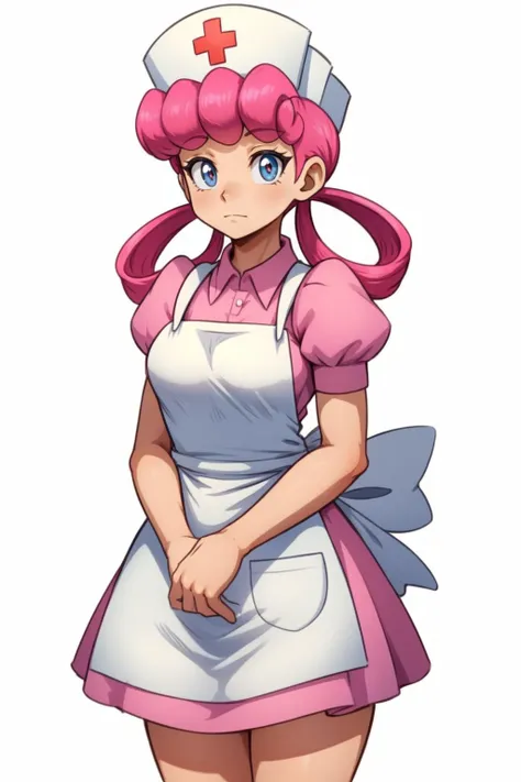 <lora:PKMN_NurseJoy-DEF:0.8> nurse joy (pokemon), hair rings, cap, pink hair, apron, cowboy shot, white background