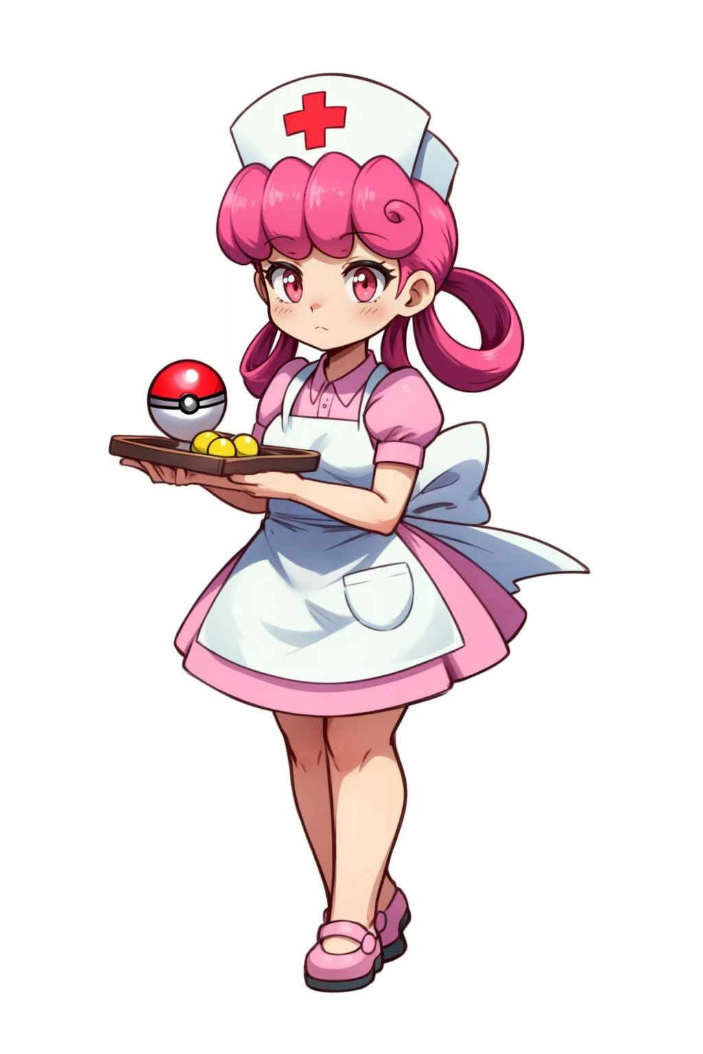 <lora:PKMN_NurseJoy-DEF:0.7> nurse joy (pokemon), hair rings, cap, pink hair, apron, holding tray, poke balls, full body, chibi style, white background
