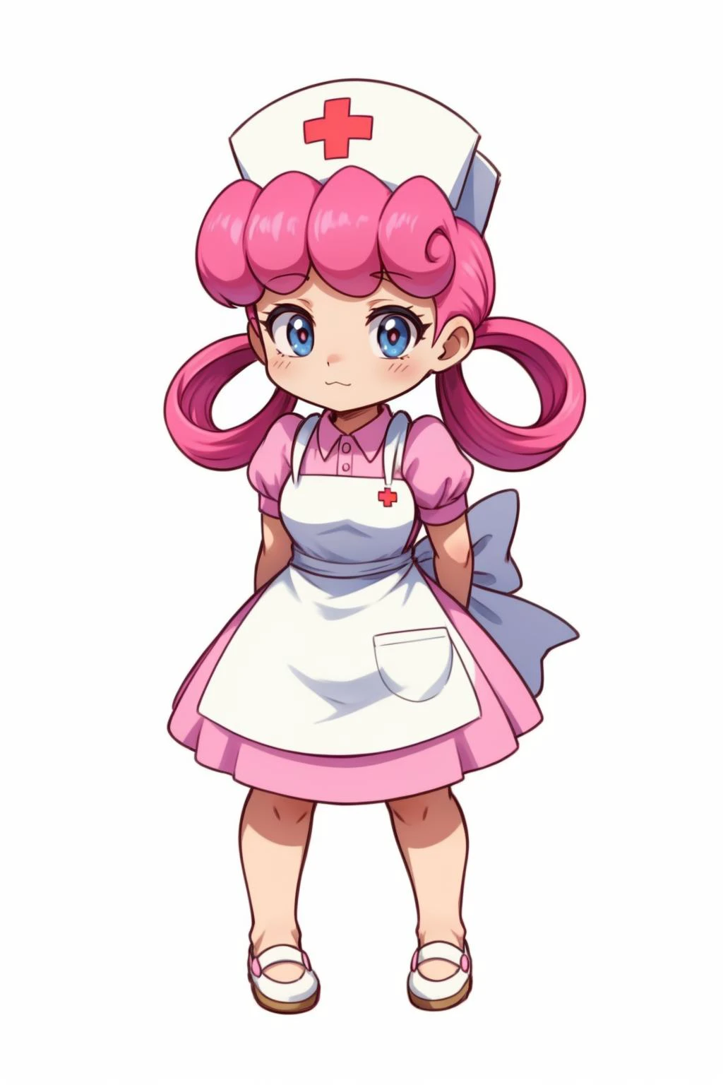 <lora:PKMN_NurseJoy-DEF:0.7> nurse joy (pokemon), hair rings, cap, pink hair, apron, full body, chibi style, white background
