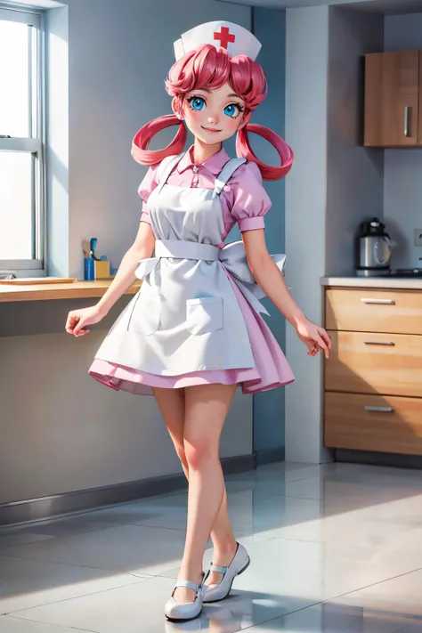 nurse joy, blue eyes, pink hair, hair rings, nurse cap, white apron, pink shirt, short sleeves, white flats, looking at viewer, smiling, full body shot, standing, inside hospital, bright lighting, high quality, masterpiece <lora:PKMN_NurseJoy-DEF:.7>