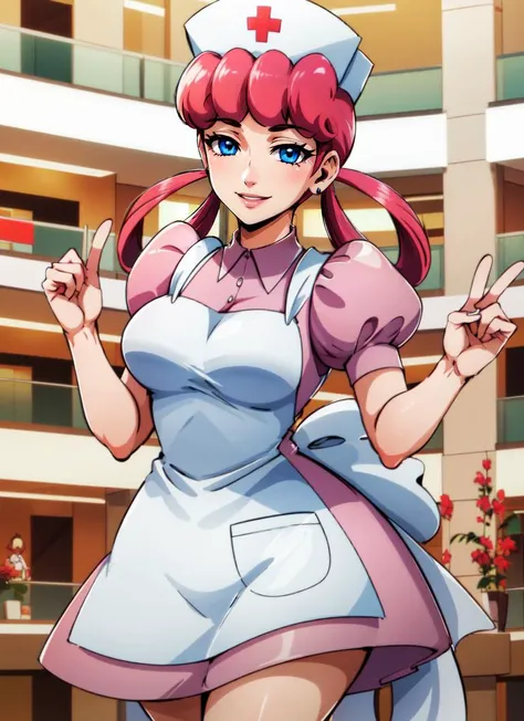 ((best quality)), ((highly detailed)), detailed face, beautiful face, , (1girl), (solo), <lora:age_slider_v2:3>, dynamic pose, cowboy shot, ((wide shot)), <lora:PKMN_NurseJoy-DEF:.8>, nurse joy (pokemon), pink hair, hair rings, blue eyes, smiling, cap, pink dress, puffy sleeves, apron, (inside, in a shopping mall)