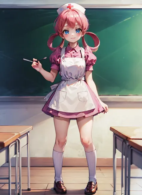 ((best quality)), ((highly detailed)), masterpiece, , (1girl), (solo), <lora:age_slider_v2:-2>, full body, <lora:hairdetailer:1>, <lora:PKMN_NurseJoy-DEF:.7>, nurse joy (pokemon), pink hair, hair rings, blue eyes, smiling, cap, pink dress, puffy sleeves, apron, (inside, in a classroom, desks, blackboard, schoolgirls, ((6+girls)), schoolgirl uniform, pleated skirt, <lora:EraseGroinSkirt:1> ((BREAK)) and multiple girls, a teacher, standing, business pants, button down shirt, hair in a bun)