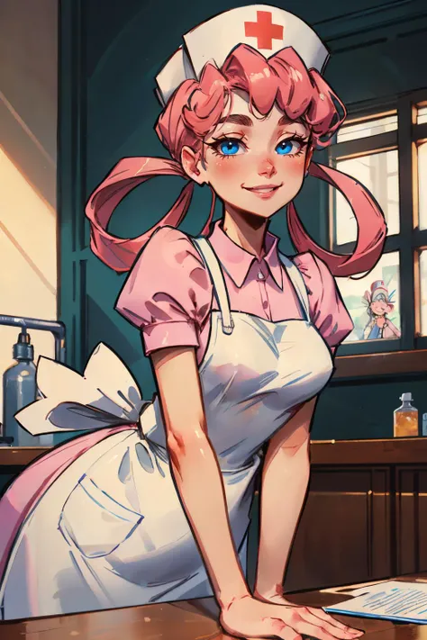 nurse joy, blue eyes, pink hair, hair rings, nurse cap, pink shirt, apron, looking at viewer, smiling, upper body shot, leaning forward, on table, inside hospital, bright lighting, high quality, masterpiece <lora:PKMN_NurseJoy-DEF:.7>