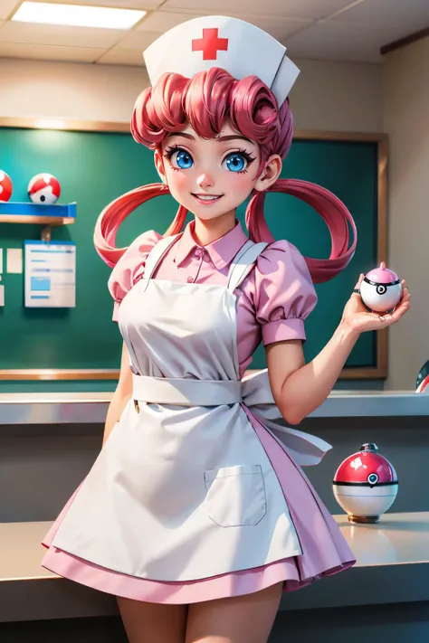nurse joy, blue eyes, pink hair, hair rings, nurse cap, white apron, pink shirt, short sleeves, white flats, looking at viewer, smiling, happy, teeth, upper body shot, standing, holding poke ball, behind counter, inside hospital, front desk, high quality, masterpiece <lora:PKMN_NurseJoy-DEF:.7>
