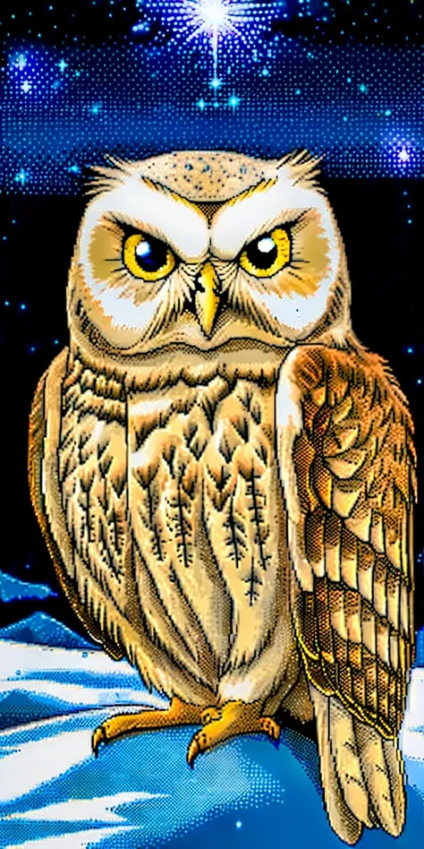 a snow owl looking at viewer, starry sky, galaxy
