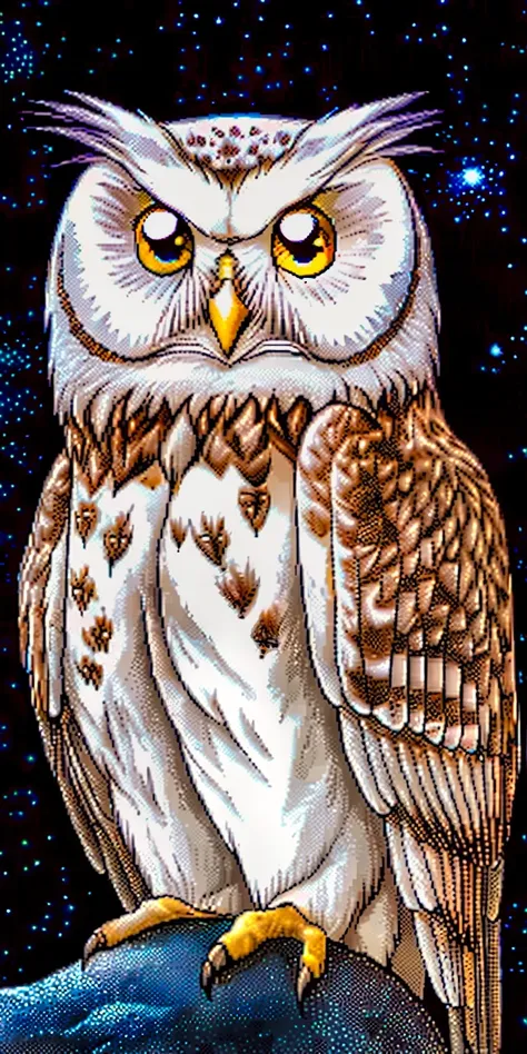 a snow owl looking at viewer, starry sky, galaxy