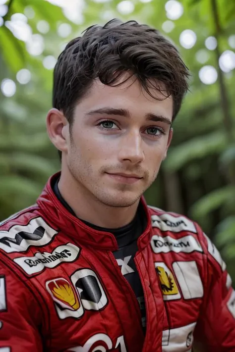 a man in a red nascar suit, in a jungle paradise, [smiling], (close up, head shot), raw, 8k, uhd, fujifilm xt3 <lora:charlesLeclerc:1>, highly detailed face