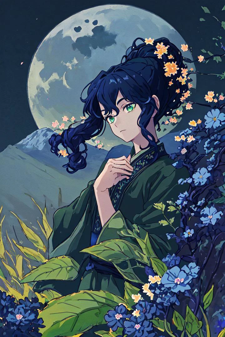 (Highest picture quality), (Master's work), (ultra-detailed), (Detailed eye description:1.2), masterpiece,best quality, 1boy, black sky, big moon, field of flowers, colorful flowers, petals in air, (dark blue hair:1.5), green eyes, ponytail, curly hair, <lora:common-test:0.8>