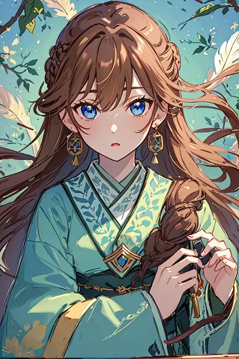 (Highest picture quality), (Master's work), (ultra-detailed), (Detailed eye description:1.2), masterpiece,best quality,extremely delicate and beautiful,beautiful detailed eyes and face, hanfu, 1boy, (light brown hair:1.3), long hair, gold earrings, feather earrings,  (two-colored blue eyes:1.3),  green clothes, erhu, plays the erhu, music, <lora:common-test:1>,  <lora:GoodHands-vanilla-000004:1>