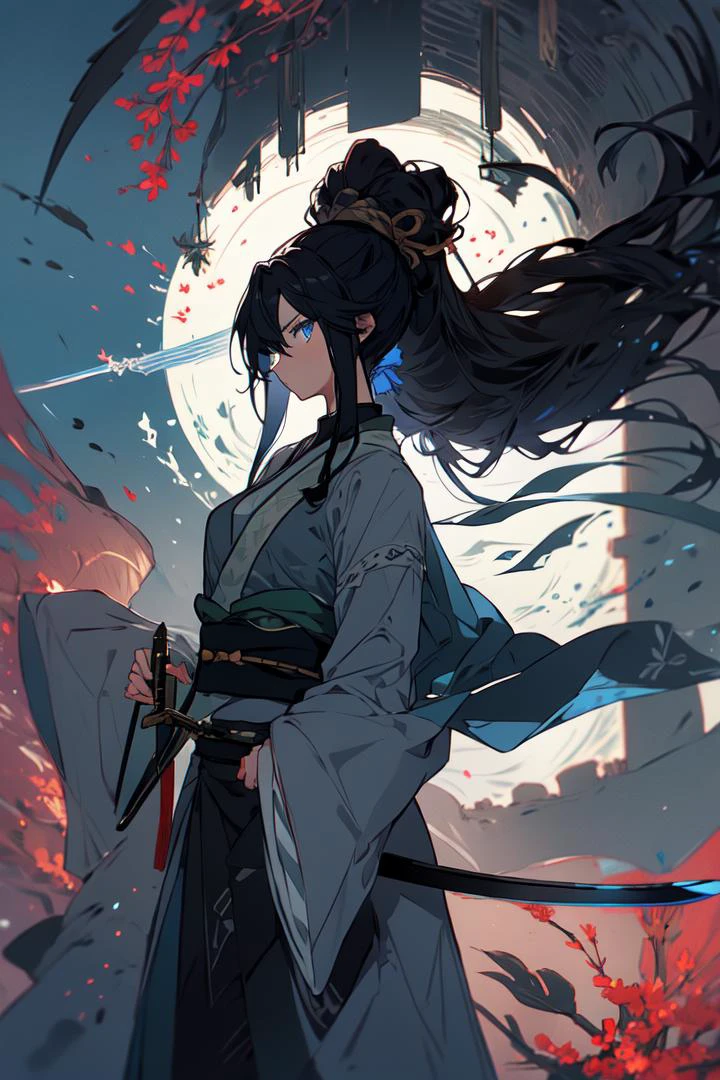 1girl, black hair, long hair, ponytail, dark blue eyes, black ribbon, sword in arm, bamboo, grove, <lora:common-test:0.8>, <lora:midjourney_20230624181825:0.8> midjourney