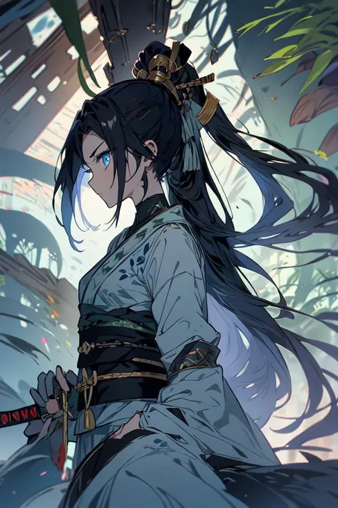 1girl, black hair, long hair, ponytail, dark blue eyes, sword in arm, bamboo, grove,  <lora:common-test:0.8>,  <lora:midjourney_20230624181825:0.8> midjourney