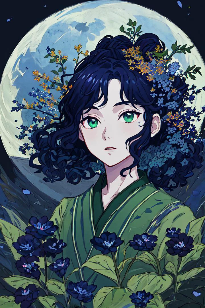 (Highest picture quality), (Master's work), (ultra-detailed), (Detailed eye description:1.2), masterpiece,best quality, 1boy, black sky, big moon, field of flowers, colorful flowers, petals in air, (dark blue hair:1.5), green eyes, ponytail, curly hair, <lora:common-test:0.8>