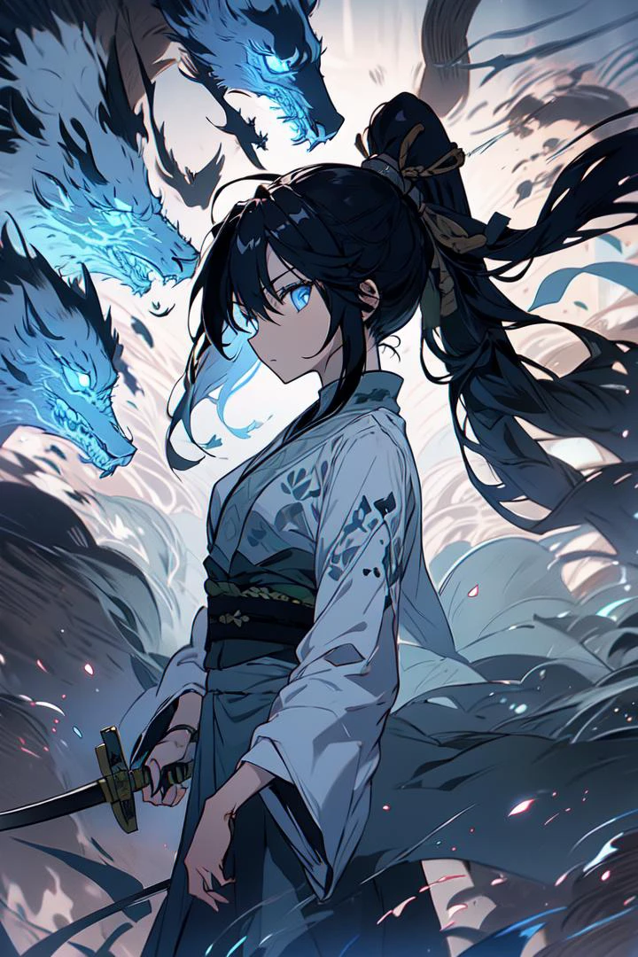 1girl, black hair, long hair, ponytail, dark blue eyes, black ribbon, sword in arm, bamboo, grove, <lora:common-test:0.8>, <lora:midjourney_20230624181825:0.8> midjourney