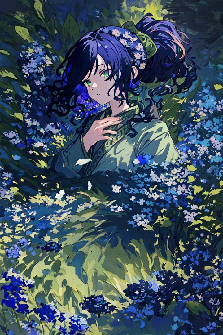 (Highest picture quality), (Master's work), (ultra-detailed), (Detailed eye description:1.2), masterpiece,best quality, 1boy, black sky, big moon, field of flowers, colorful flowers, petals in air, (dark blue hair:1.5), green eyes, ponytail, curly hair, <lora:common-test:0.8>