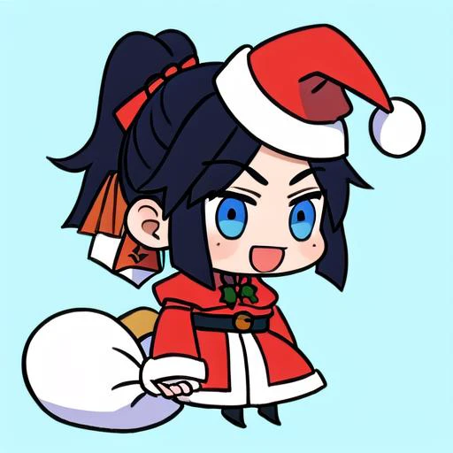 Highly detailed, High Quality, Masterpiece, beautiful, <lora:PadoruMeme:0.8> PadoruMeme, 1boy, sack, holding sack, :d, santa, santa hat, <lora:common-test:0.8>, black hair, ponytail, dark blue eyes, mole under the eye, short bangs, >:D