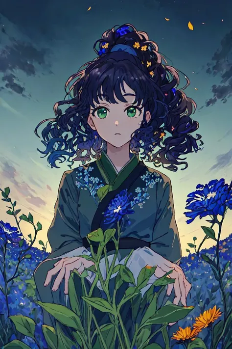 (Highest picture quality), (Master's work), (ultra-detailed), (Detailed eye description:1.2), masterpiece,best quality, 1boy, black sky, big moon, field of flowers, colorful flowers, petals in air, (dark blue hair:1.5),  green eyes, ponytail, curly hair,   <lora:common-test:0.8>