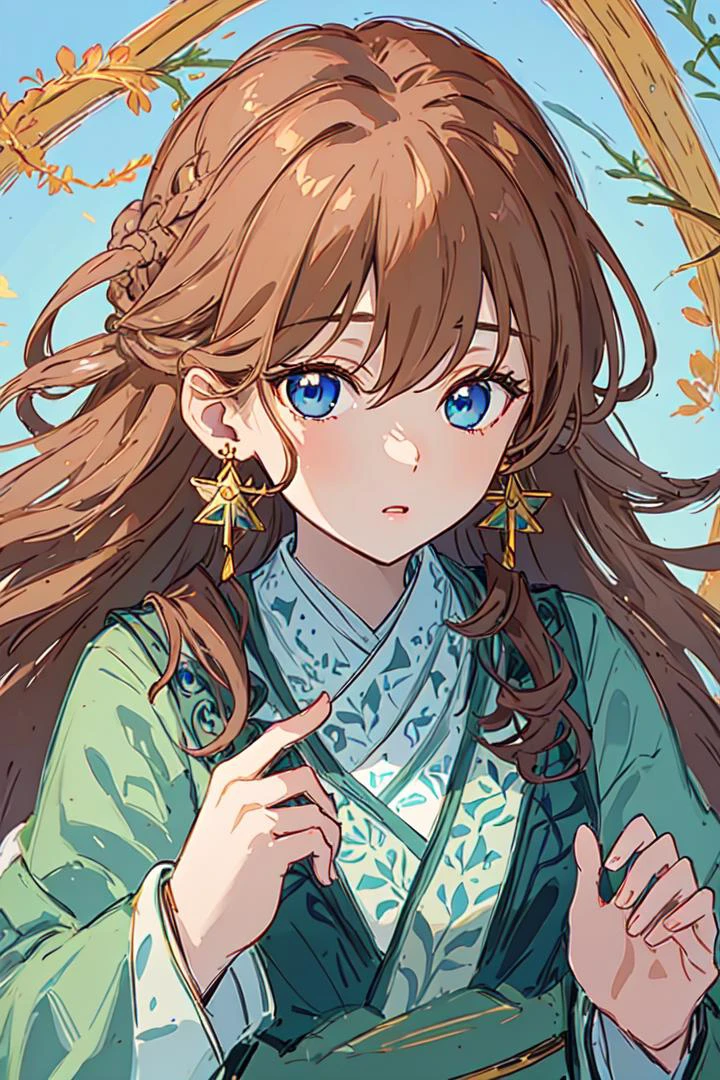 (Highest picture quality), (Master's work), (ultra-detailed), (Detailed eye description:1.2), masterpiece,best quality,extremely delicate and beautiful,beautiful detailed eyes and face, hanfu, 1boy, (light brown hair:1.3), long hair, gold earrings, feather earrings, (two-colored blue eyes:1.3), green clothes, sanxian, <lora:common-test:1>, <lora:GoodHands-vanilla-000004:1>