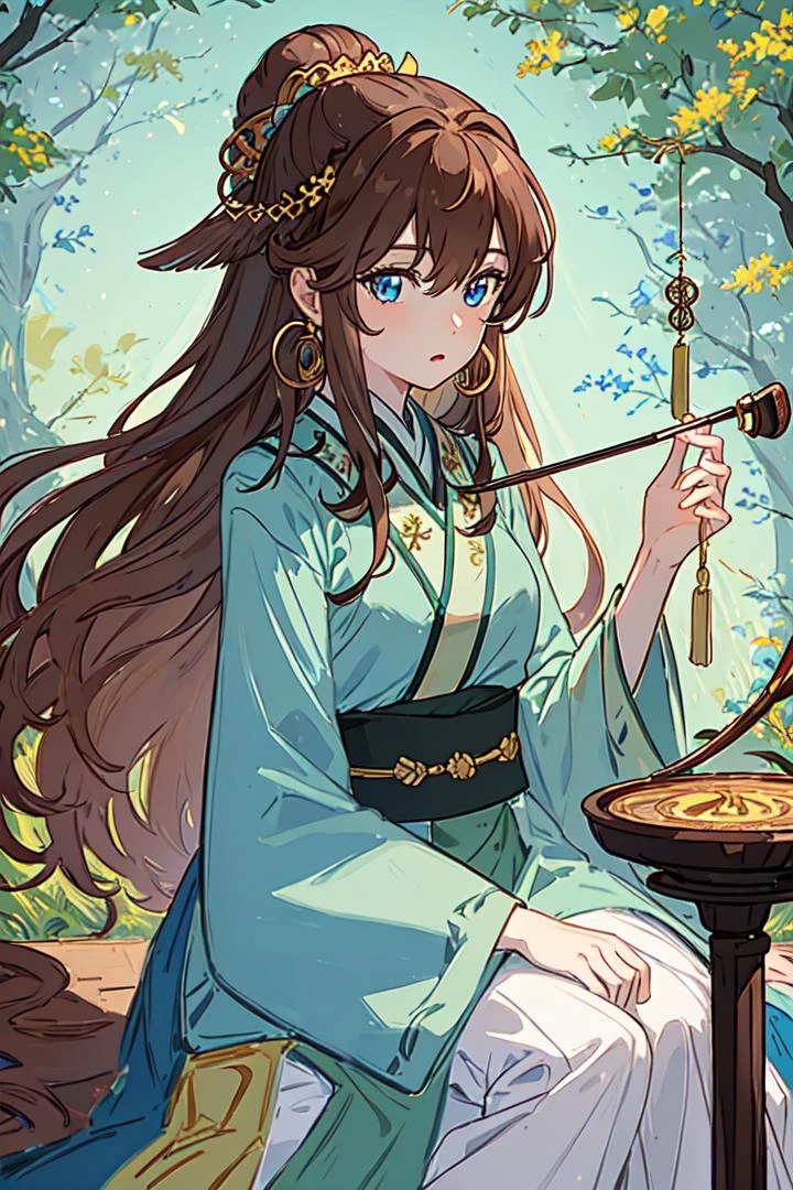 (Highest picture quality), (Master's work), (ultra-detailed), (Detailed eye description:1.2), masterpiece,best quality,extremely delicate and beautiful,beautiful detailed eyes and face, hanfu, 1boy, (light brown hair:1.3), long hair, gold earrings, feather earrings, (two-colored blue eyes:1.3), green clothes, erhu, plays the erhu, music, <lora:common-test:1>, <lora:GoodHands-vanilla-000004:1>