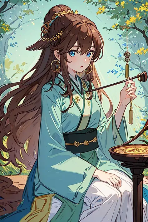 (Highest picture quality), (Master's work), (ultra-detailed), (Detailed eye description:1.2), masterpiece,best quality,extremely delicate and beautiful,beautiful detailed eyes and face, hanfu, 1boy, (light brown hair:1.3), long hair, gold earrings, feather earrings,  (two-colored blue eyes:1.3),  green clothes, erhu, plays the erhu, music, <lora:common-test:1>,  <lora:GoodHands-vanilla-000004:1>