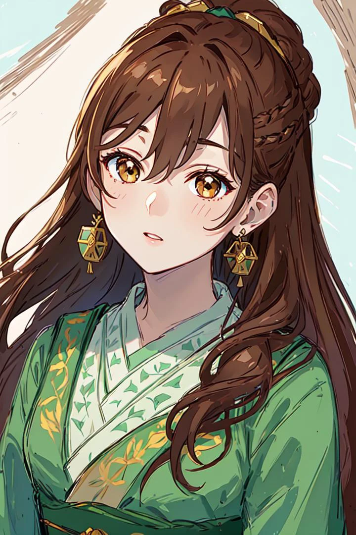 (Highest picture quality), (Master's work), (ultra-detailed), (Detailed eye description:1.2), masterpiece,best quality,extremely delicate and beautiful,beautiful detailed eyes and face, hanfu, 1boy, (light brown hair:1.3), long hair, gold earrings, feather earrings, two-colored eyes, green clothes, <lora:common-test:1>, <lora:GoodHands-vanilla-000004:1>