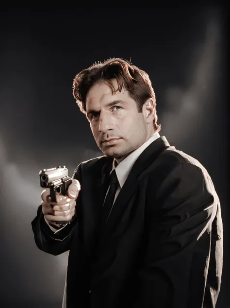 score_9, score_8_up, score_7_up,  realistic,
foxmulder, man, male focus, short hair, brown hair, formal, holding gun, upper body, dark background, abstract background, monochrome, dark, gritty, 
<lora:FoxMulderPonyXL:1>