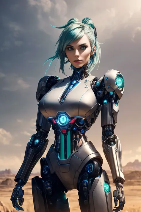a photo of a stylish S055_Rolyat, as a (cyborg:1.3), on a (prairie:1.2), (19th century:1.1), (wild west:1.2), (green-hair), (8k, RAW photo, best quality, ultra high res, depth of field:1.1), (absurdres, intricate, photorealistic, masterpiece, ultra-detailed, Unreal Engine:1.3)