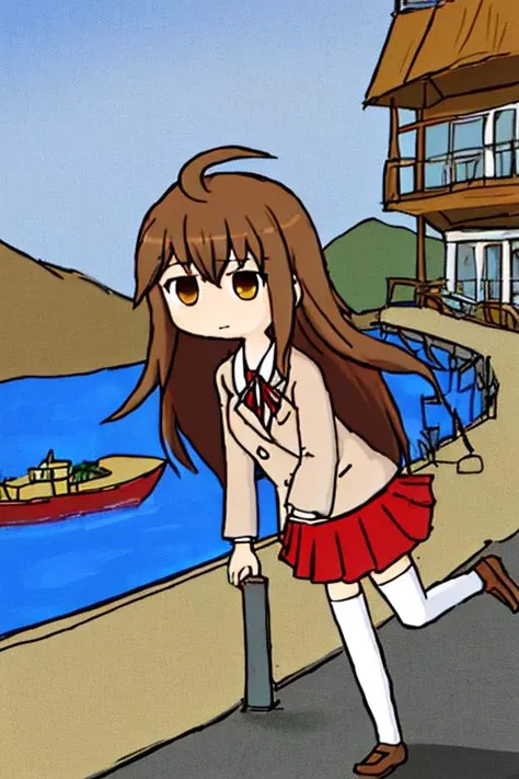 wster, simple, simplistic, ms_paint_(medium), (masterpiece, best quality), 
1girl, chiaki, long hair, blonde hair, ahoge, brown eyes, brown hair, flat chest, school uniform, beige blazer, neck ribbon, red skirt, black thighhighs, <lora:chiaki_ver1.0_4:0.6>, 
outline, thin outline, black outline, Standing with one leg bent, waterfront restaurant, scenic views, fresh seafood, dining, 
<lora:Wster_20:0.7>