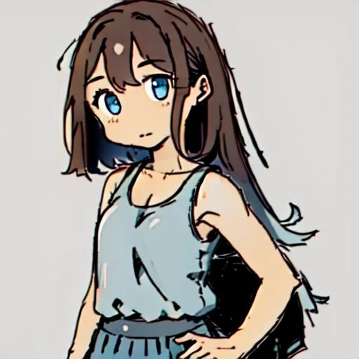 <lora:Wster_20:1>, wster, simple, simplistic, ms_paint_(medium), (masterpiece, best quality), Sarah, 1girl, solo, brown hair, BREAK blue eyes, long hair, BREAK pink skirt, BREAK black tank top, outline, thin outline, black outline,  <lora:Sarah_20_cosine_b1:0.4>