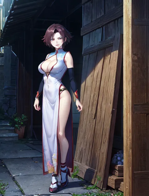 Lee Mayfeng, (full body shot:1.1), mature female, 1girl, anime face, standing, solo, chinese dress, makeup, large breasts, lipstick, red eyes, short hair, brown hair, underboob, cleavage, perfect body, (athletic body:1.1), perfect eyes, anime eyes, smoky eyeliner, eyeshadow, perfect face, smirking, sharp focus, intricate details, masterpiece painting, professional artwork, (vibrant colors:1.1), vivid colors, Diffused lighting, digital blending, ultra detailed body, ultra detail hair, ultra detail face, trending on pixiv, by Kagami Hirotaka, <lora:MayFeng-000005:0.8>