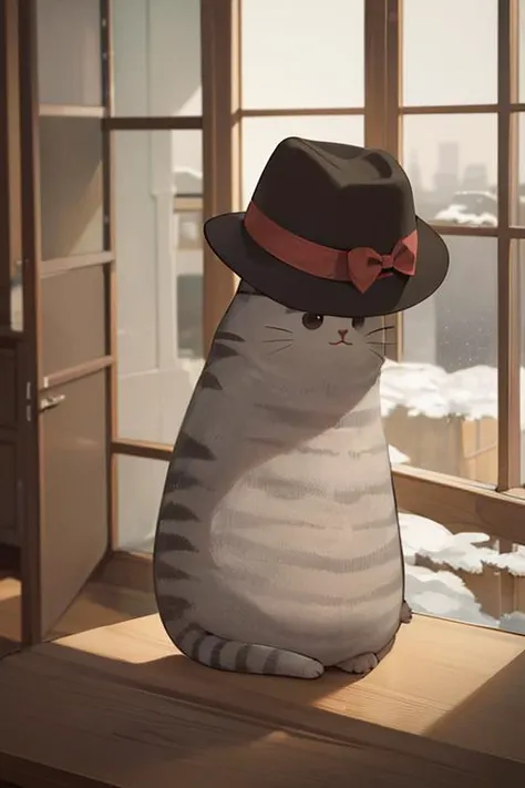 ((masterpiece,best quality)), absurdres, <lora:Pusheen:0.3>, Pusheen, animal focus, cat,fur sweater, dressed, fedora hat,