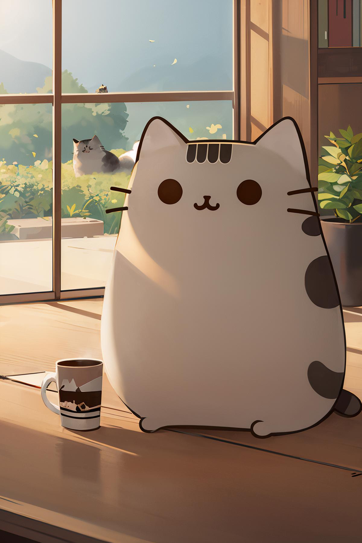 There is a cat sitting on a table next to a cup - SeaArt AI