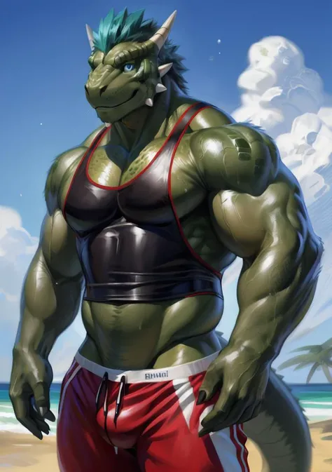 art by midjourney, CGI_Animation, (masterpiece:1.1), (best quality:1.3), (photorealistic:1.2), (long shot:1.5), (Cinematic scene - long shot:1.5), (cinematic light, cinematic lighting, hi-fi, ray tracing:1.2), absurd res, (bloom:0.35, overexporsure:0.5), (hard light:0.65), (shadow:0.85), (reflection:1.1, refraction:0.8), (light rays:0.35, tyndall effect:0.5), light particles, (clear, shiny:1.2), sharp focus, (color saturation:0.85), (detailed soft scales:0.85), detailed background, (perfect proportions:1.5), (kemono:1.5), (bara:1.5), full body shot with legs and feet, male, muscular, (dark green body:1.5), long sparkling vibrant blue feather hair, deep blue eyes, argonian, heavily veined muscles, popping veins, sweat, sweaty, drops of sweat, beads of sweat, manly handsome face, the embodiment of manly perfection, looking directly at viewer, highly detailed eyes, sensual gaze,  smile, at a luxury beach, fishnet muscle tank top, Jordan shoes, swim trunks, thug jewelry, beach, gay pride flag, (SFW:1.5), (art by Chunie, darkgem, null-ghost, jiandou, XUAN_SIRIUS, Spelunker_Sal, meesh, FrAnubis, drks, jrjresq, bastroceive, ReptileCynrik, Saltypoundcake), <lora:ArgonianFRL27nO:0.85>  <lora:more_details:0.35>