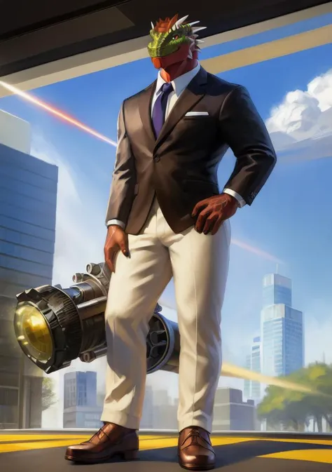 art by midjourney, CGI_Animation, (masterpiece:1.1), (best quality:1.3), (photorealistic:1.2), (long shot:1.5), (Cinematic scene - long shot:1.5), (cannon 80mm lense:1.5), (cinematic light, cinematic lighting, hi-fi, ray tracing:1.2), absurd res, (bloom:0.35, overexporsure:0.5), (hard light:0.65), (shadow:0.85), (reflection:1.1, refraction:0.8), (light rays:0.35, tyndall effect:0.5), light particles, (clear, shiny:1.2), sharp focus, (color saturation:0.85), (detailed soft fluffy fur:0.85), detailed background, (perfect proportions:1.1), (kemono:0.85), (bara:1.3), full body shot with legs and feet, male, muscular, dark green argonian, long thick tail, heavily veined muscles, popping veins, looking directly at viewer, highly detailed eyes, assertive gaze, confident smile, in the inner city of a large city, (business suit:1.5), (SFW:1.5), (art by Chunie, darkgem, null-ghost, meesh, drks, jrjresq, Saltypoundcake), <lora:ArgonianFRL27nO:0.85>