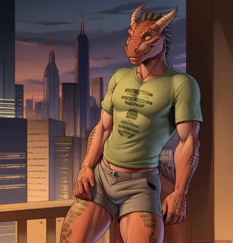 scalie, scales, male argonian, reptile, yellow|green|red body, claws, solo, anthro, horn, loose clothing, t-shirt, shorts, pose, posing, cityscape background, by meesh, by twinkle-sez, (dan mumford:1.4), realistic, photorealistic, ultra realistic, 8k <lora:ArgonianFRL27nO:1>