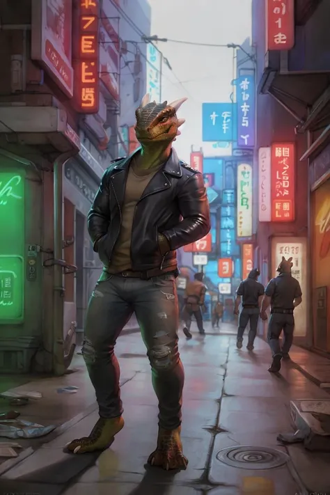 argonian, male, solo, markings, clothed, wearing leather jacket, jeans, paws, topwear, bottomwear, tokyo, street, akihabara, neon lights
BREAK,
by tojo the thief, by narse, by honovy, (intricate, high detail, film photography, soft focus, RAW candid cinema,
photorealism, realistic, photorealistic, analog style, subsurface scattering,
masterpiece, best quality, ultra realistic, 8k)