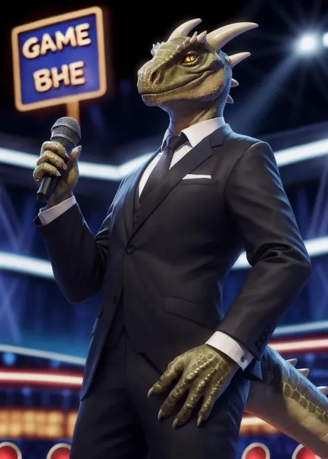 (half-length portrait:1.3), low-angle view,
realistic, detailed, detailed background, 
backlighting, countershading, cel shading, shaded,
solo,
male, scalie, anthro, 
green scales, (tan belly:1.3), two tone body, black tie \(suit\), 
yellow eyes, slit pupils, raised eyebrow, horns, clawed fingers, 3 fingers, tail,
(realistic scales, detailed scales),
smile, smug, looking at viewer, 
stage, sign, (game show:1.5), (microphone:1.2), 
argonian, <lora:ArgonianFRL27nO:0.75>,