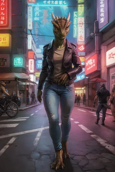 argonian, female, solo, markings, clothed, wearing leather jacket, jeans, paws, topwear, bottomwear, tokyo, street, akihabara, neon lights
BREAK,
by tojo the thief, by narse, by honovy, (intricate, high detail, film photography, soft focus, RAW candid cinema,
photorealism, realistic, photorealistic, analog style, subsurface scattering,
masterpiece, best quality, ultra realistic, 8k)