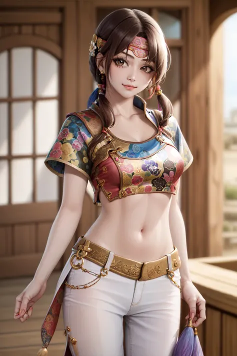 (masterpiece, best quality:1.2), <lyco:soulcalibur_seongmi-na-10:1.0>, cowboy shot, solo, 1girl, seong mi-na, slight smile, looking at viewer, hand on hip, headband, crop top, white pants, side slit, jewelry