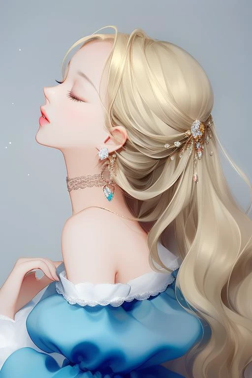 1girl, solo, long hair, blonde hair, simple background, hair ornament, dress, bare shoulders, jewelry, closed eyes, upper body, earrings, parted lips, choker, puffy sleeves, grey background, off shoulder, head tilt, hands up, eyelashes, profile, blue dress, gem, self hug,<lora:lbc_girly_style:0.8>,