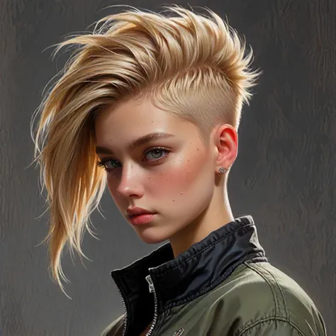 1girl, 18yo, blonde, (hi-top fade:1.3), dark theme, soothing tones, muted colors, (natural skin texture, hyperrealism, soft light, sharp), fashion photographyin dynamic pose, light passing through hair, (official art), oil painting of shapeshifting god transforming itself from one physical form into another combined with cool colors,