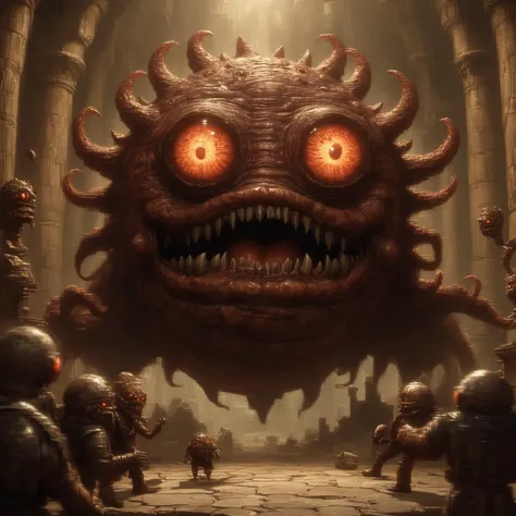 masterpiece, best quality, very aesthetic, high resolution, dynamic scene, cinematic still of a Dungeons & Dragons beholder