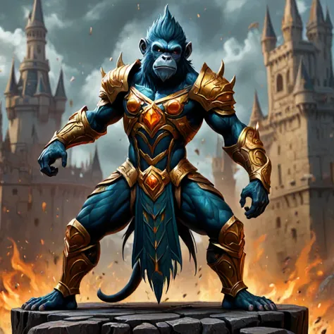 full body painting of Monkey,simple anime style, illustration, thick lines,sharp teeth , wear fantasy armor, intricate dark steel armor, dark teal and amber, dark fantasy castle background, knight fighting stance, SkinHairDetail-SDXL