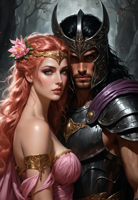 Pastel drawing Persephone and Hades Portrait, Love in Darkness , Greek Mythology goddess of wisdom, courage, skill and strategic warfare Warrior dressed as a warrior with Armor Art Print Greek Mythology style of Exotic Style Paul Kenton style