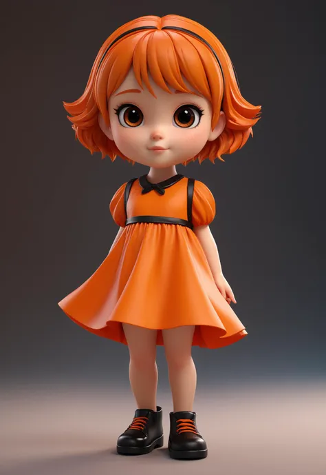 3d cartoon style,Chibi ,a super cute *********** ,orange long dress, red short hair,Black leather shoes,masterpiece, 3d rendering, c4d, octane render, ray tracing, shiny clay material, rich details, 8K