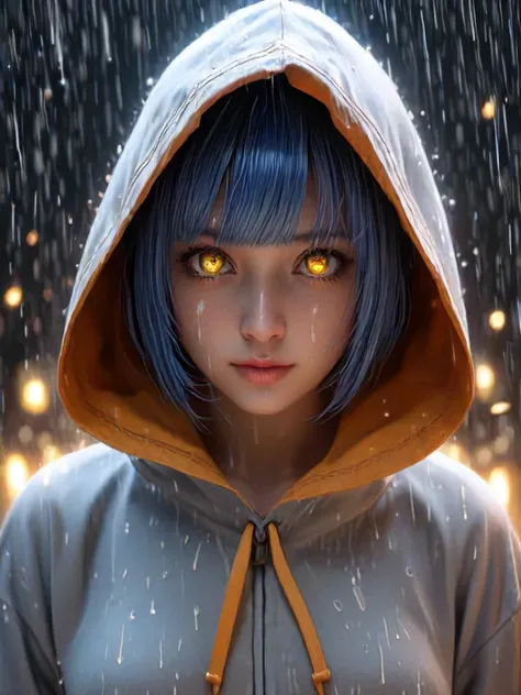 niji-style digital art of a girl that can control the spirits, ghostly energy swirls through her, glowing-[orange|yellow]-eyes, looking through viewer and into their soul, rain, upper body, japanese clothes, hood, short hair, blue hair, closed mouth