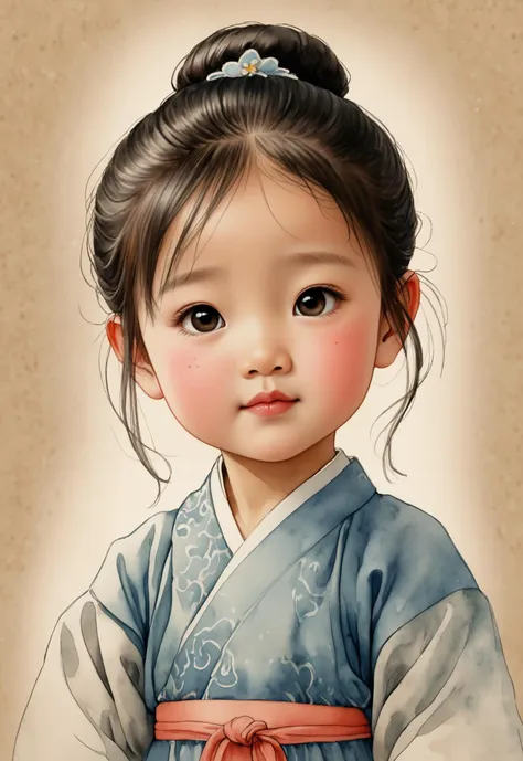 Hand-drawn watercolor illustration, a *********** from the Tang Dynasty in China, 3 years old, cute, cute, simple, pencil line drawing