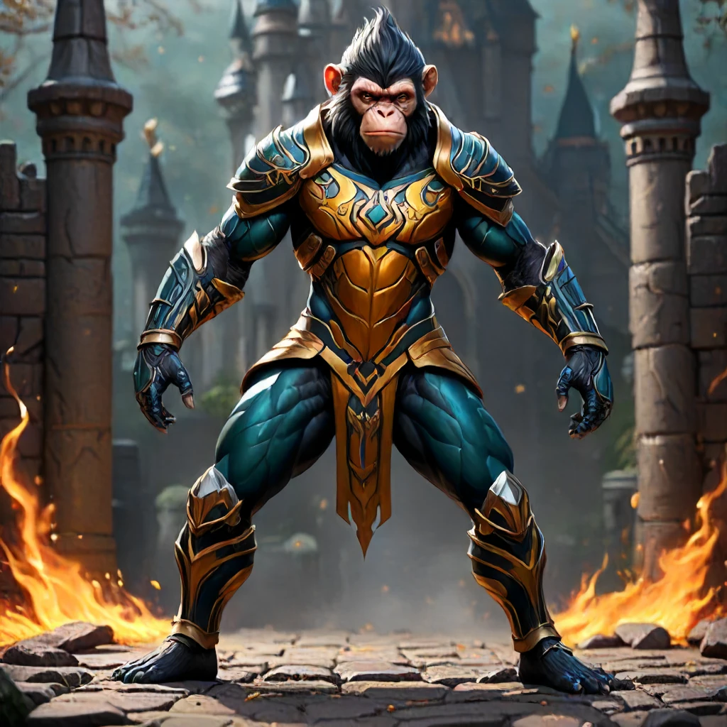 full body painting of Monkey,simple anime style, illustration, thick lines,sharp teeth , wear fantasy armor, intricate dark steel armor, dark teal and amber, dark fantasy castle background, knight fighting stance, SkinHairDetail-SDXL, orbitgood-SDXL