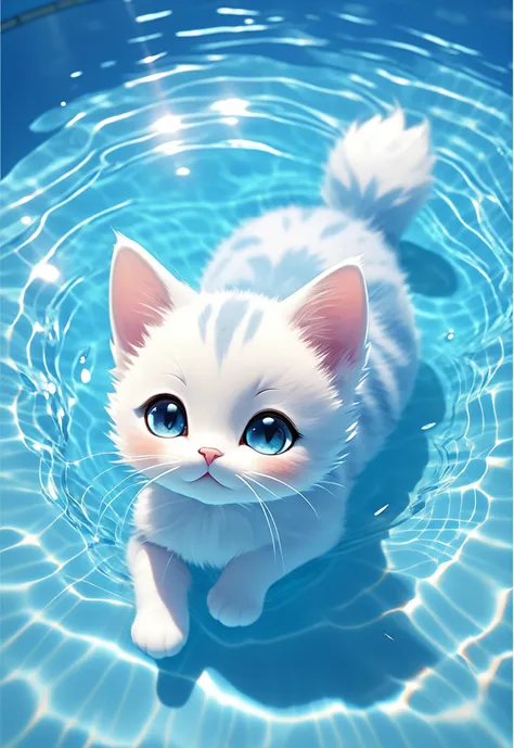 Japanese animation, panoramic, colorful, a small cat with open eyes backstroke in the pool, most of the picture shows water, cat accounts for a small part of the picture, water is light blue transparent and clear, water ripple texture is clear, light refraction, cat and water are not fuzzy, to HD,ï¼phone wallpaper size,HD,32k