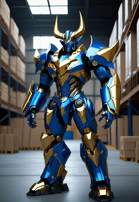 the devil demon mech warlord is standing in a warehouse, in the style of rendered in unreal engine, sleek metallic finish, Blue and gold, robotic motifs, 8k resolution, suburban ennui capturer, mundane materials. Magazine