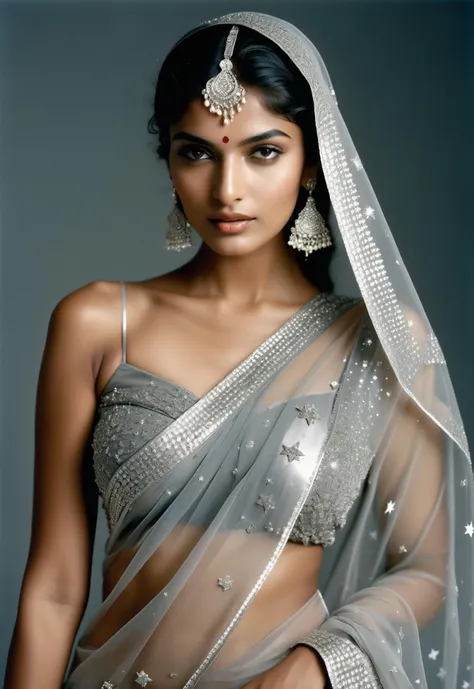 Medium format Film Photograph of an indian model wearing a Saari made of silver stars, styled like a high fashion photoshoot